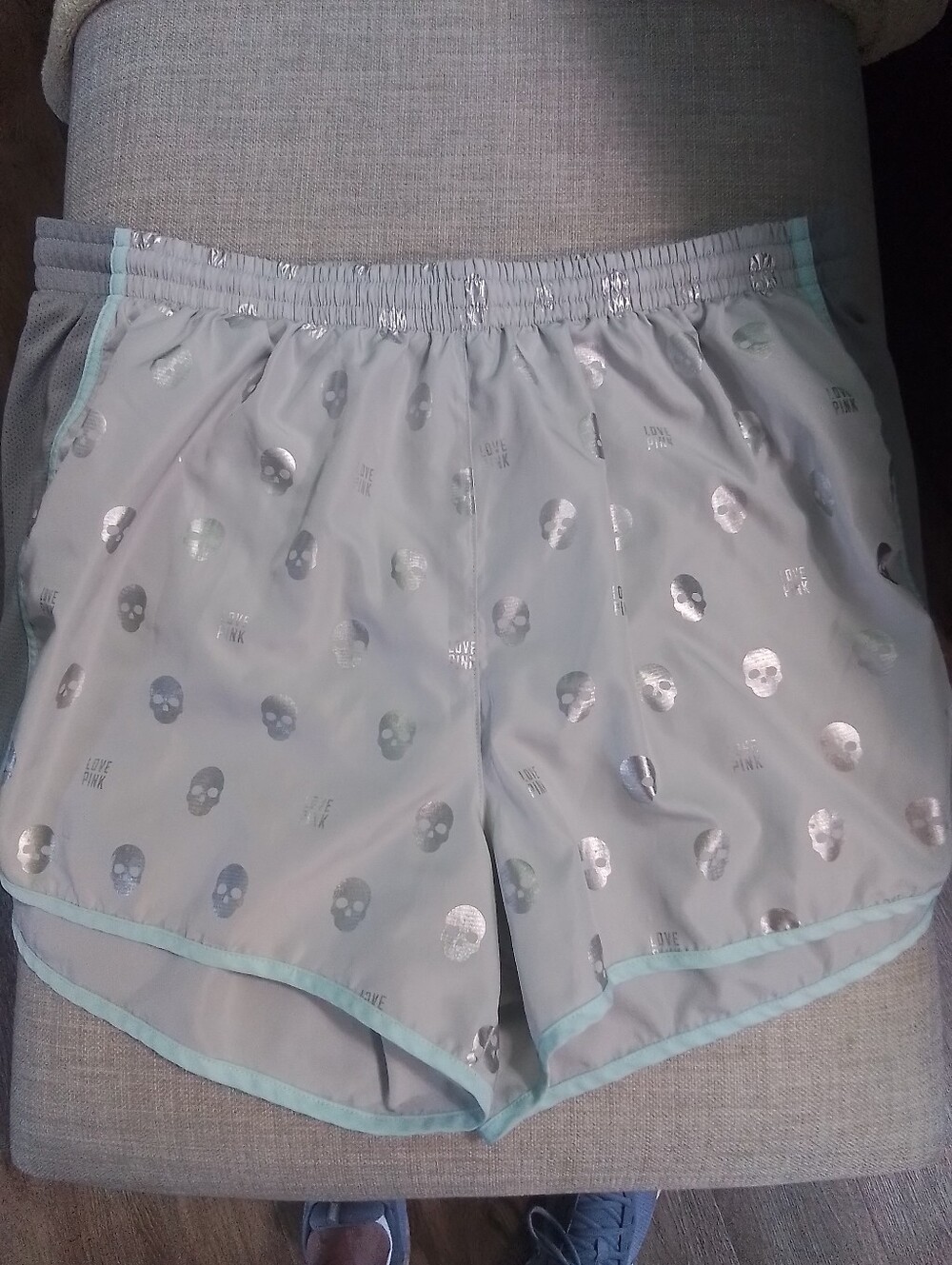 Vintage PINK Victoria's Secret Light Gray Active Shorts with Silver Skull Print